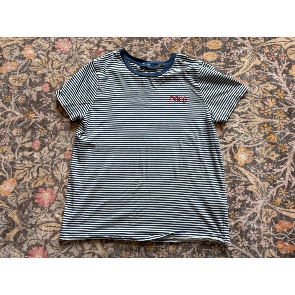 Polo Ralph Lauren Womens M Navy White Striped Tee Red Logo Preppy Coastal